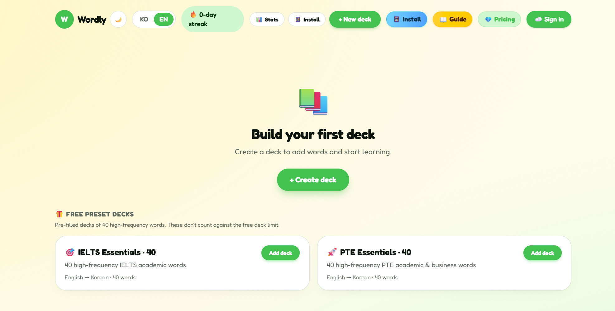 Home — your decks and free preset decks